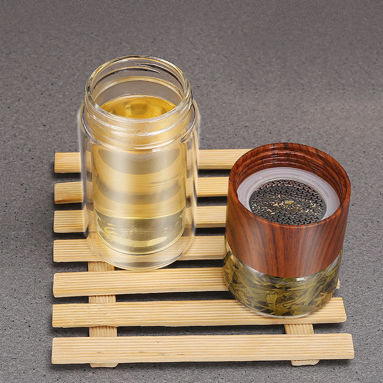 250ml木蓋雙層玻璃 | 茶水分離杯(客製化印刷LOGO)