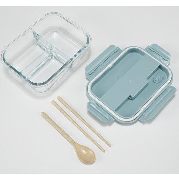 玻璃3隔保鮮盒附小麥餐具