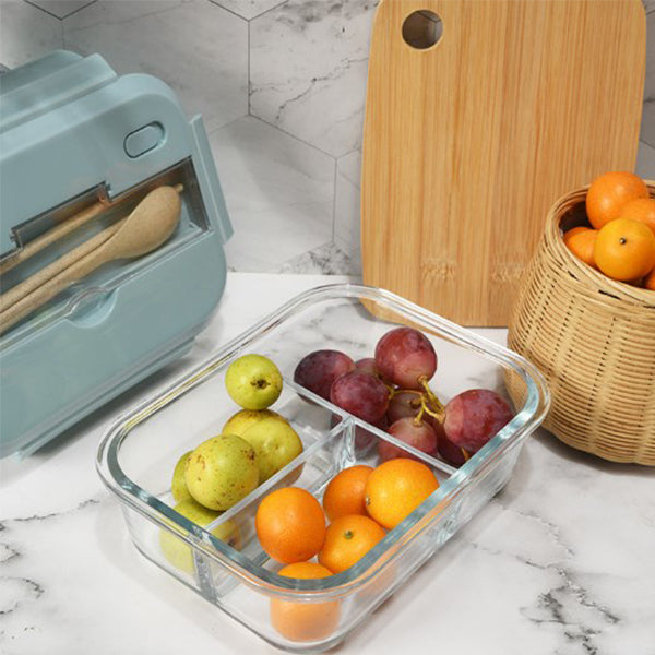 玻璃3隔保鮮盒附小麥餐具