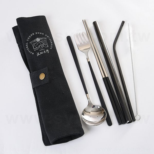 簡約捲式布袋黑色手柄餐具組