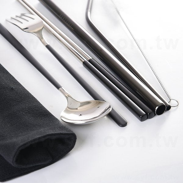 簡約捲式布袋黑色手柄餐具組