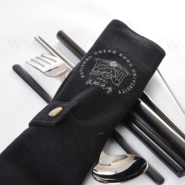 簡約捲式布袋黑色手柄餐具組