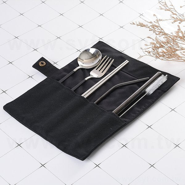 簡約捲式布袋黑色手柄餐具組