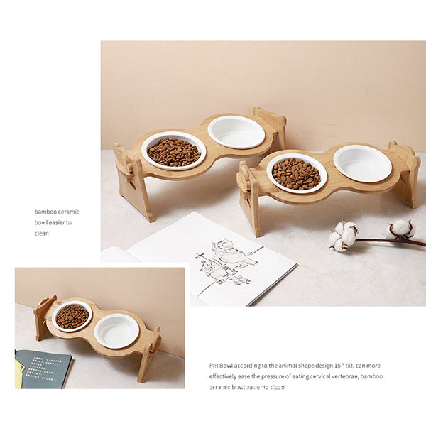陶瓷貓碗-竹木架寵物雙碗