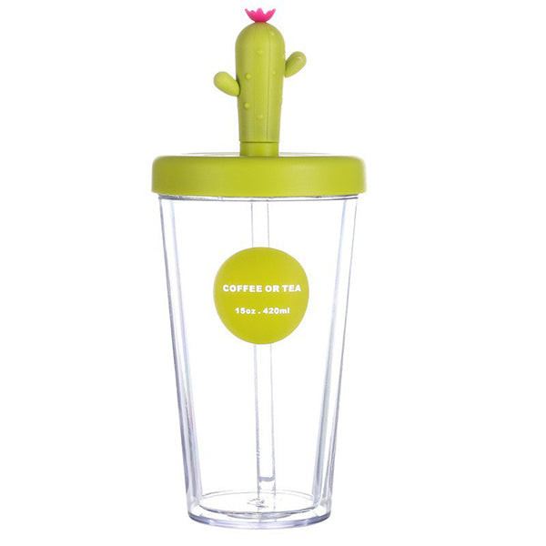 仙人掌造型420ml雙層塑料吸管杯
