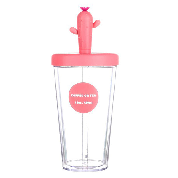 仙人掌造型420ml雙層塑料吸管杯