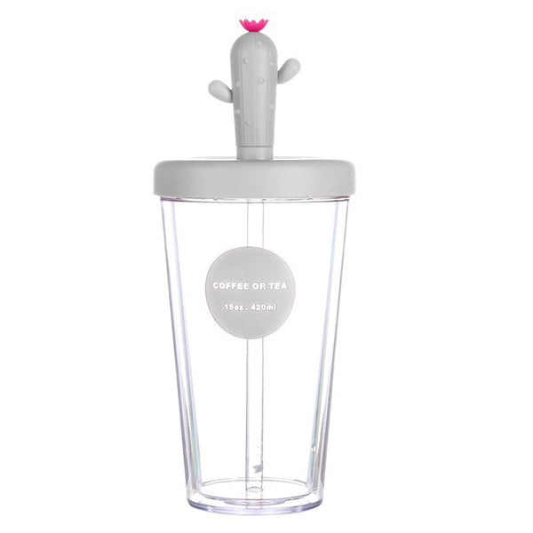 仙人掌造型420ml雙層塑料吸管杯