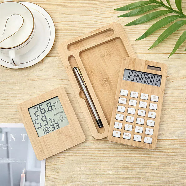 天然竹計算器溫濕度時鐘計算機