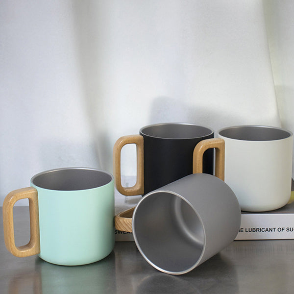 304不鏽鋼馬克杯-胡桃木手柄杯蓋咖啡杯