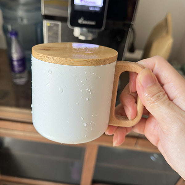 304不鏽鋼馬克杯-胡桃木手柄杯蓋咖啡杯