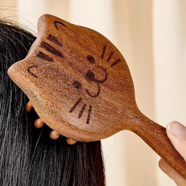 貓咪造型按摩梳-木質經絡梳
