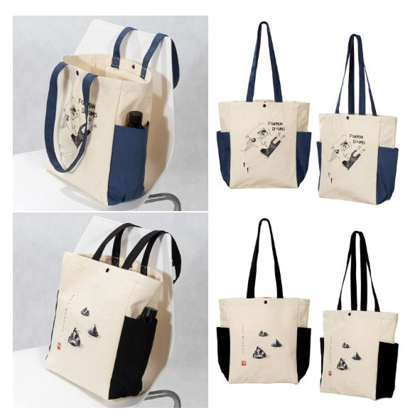 拚色款兩側口袋大容量帆布包