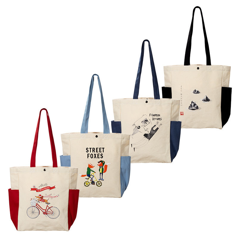 拚色款兩側口袋大容量帆布包