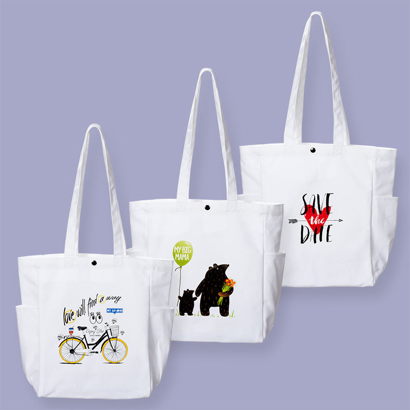 白色兩側口袋大容量帆布包