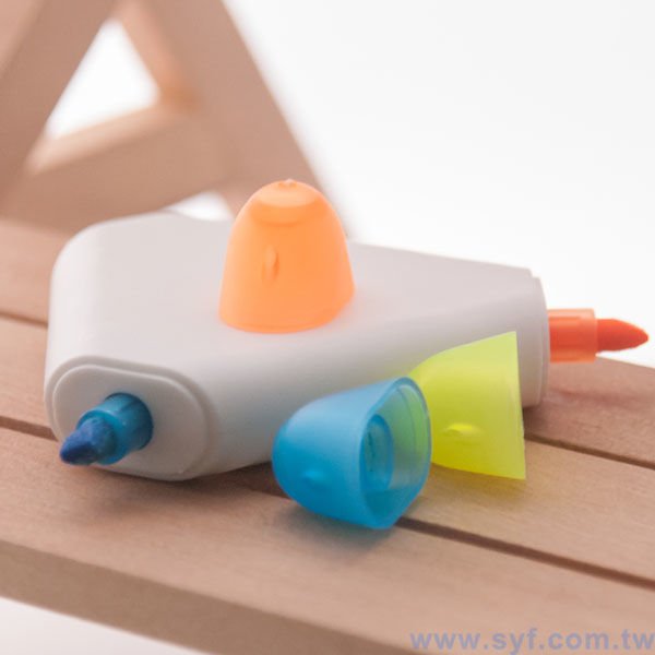 三角造型三色螢光筆廣告筆-開蓋式原子筆-可客製化加印LOGO