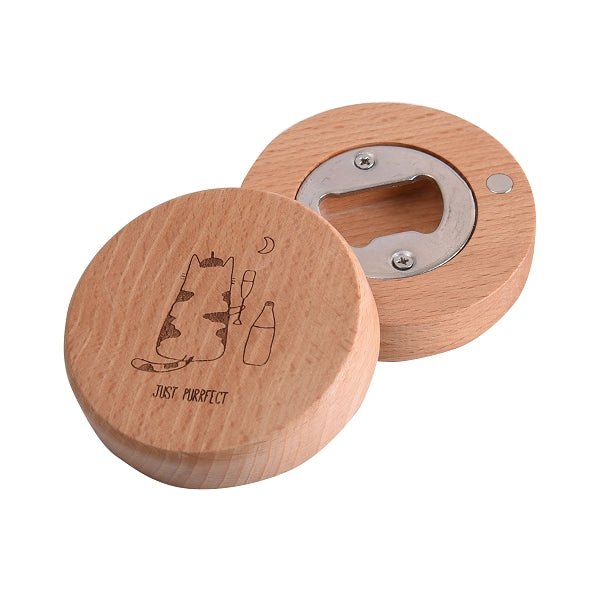 木雕冰箱貼圓形磁性木製啤酒開瓶器帶磁鐵