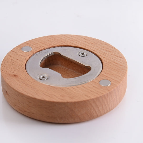 木雕冰箱貼圓形磁性木製啤酒開瓶器帶磁鐵