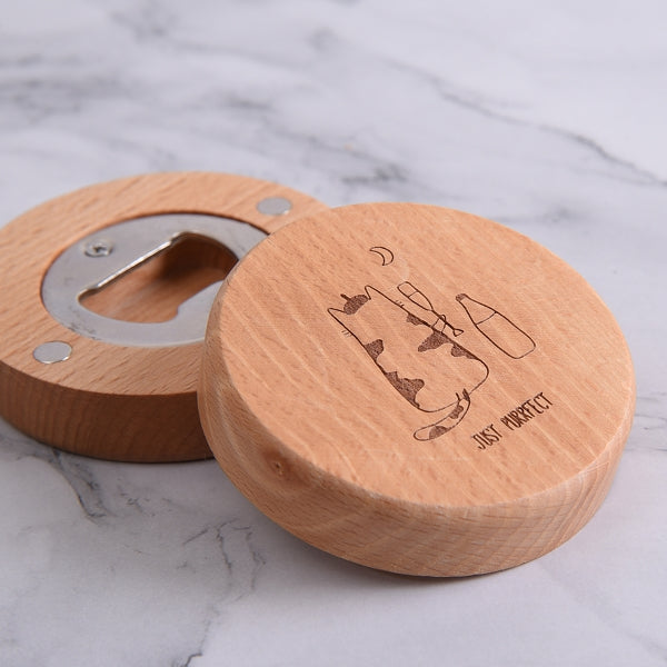 木雕冰箱貼圓形磁性木製啤酒開瓶器帶磁鐵