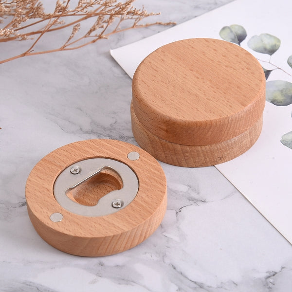 木雕冰箱貼圓形磁性木製啤酒開瓶器帶磁鐵