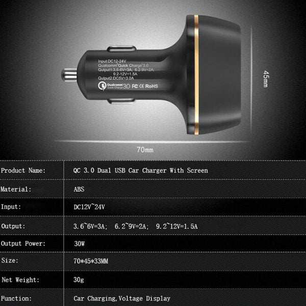 電壓顯示款-雙USB車充-QC3.0快充