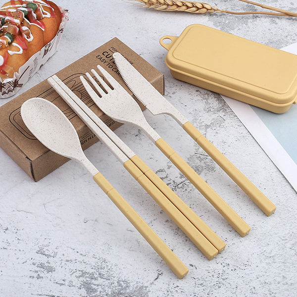 4件組｜小麥餐具｜附收納盒 (可拆餐具 小巧輕便)