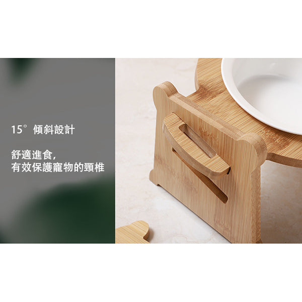 陶瓷貓碗-竹木架寵物雙碗