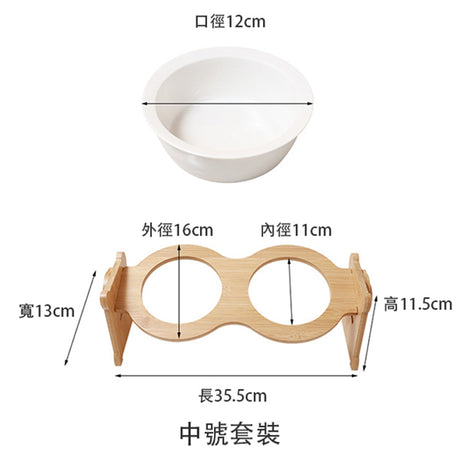 陶瓷貓碗-竹木架寵物雙碗