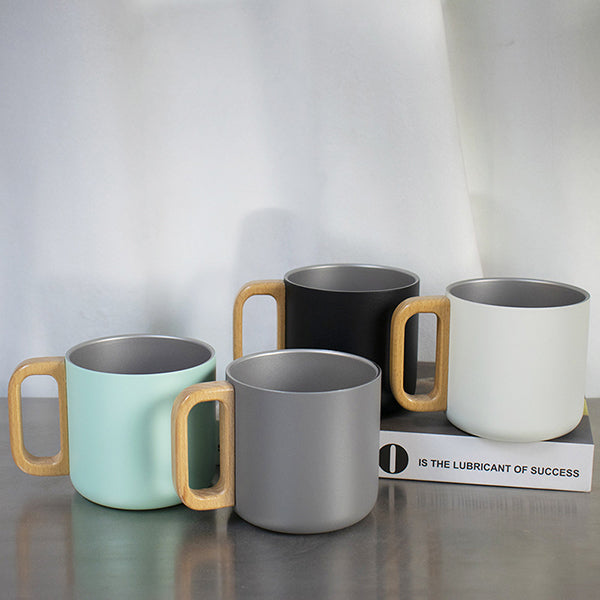 304不鏽鋼馬克杯-胡桃木手柄杯蓋咖啡杯